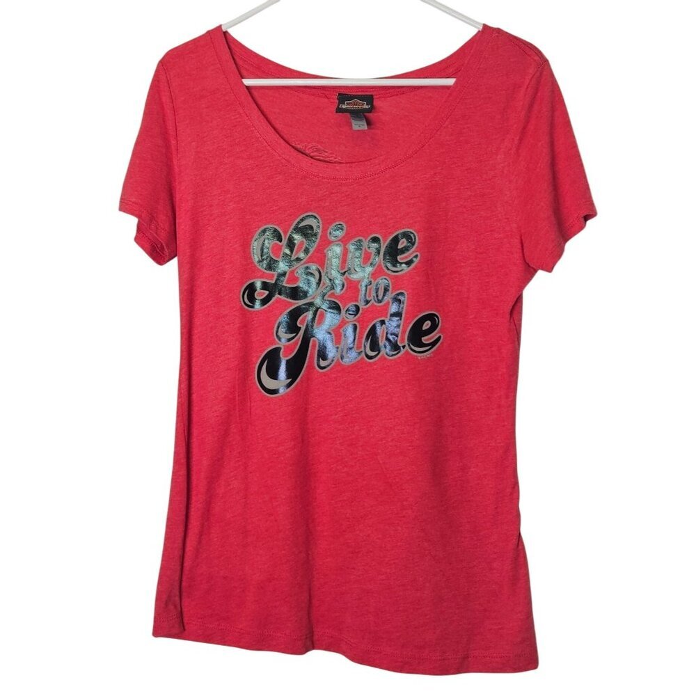Harley-Davidson Womens Red T-Shirt "Live To Ride" Graphic ‎ L Form Fit Casual